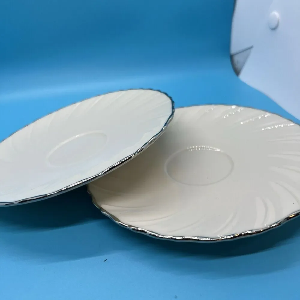 LENOX WEATHERLY China 6” Saucers Ivory with Silver Trim Set Of 2